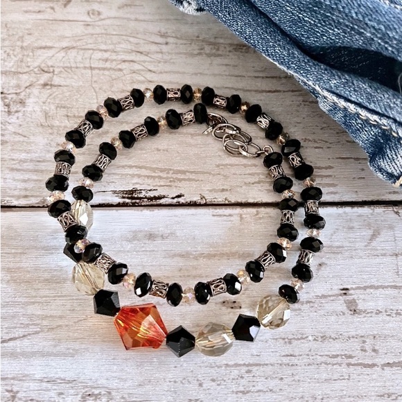Artesian Memory Wire Wrap Bracelet Black Clear Orange Glass Bead Womans Jewelry - Picture 6 of 7